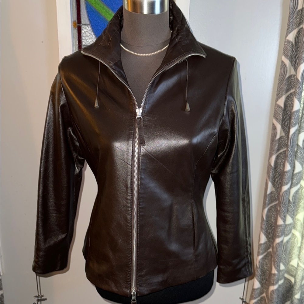 Bod & Christensen Dark Brown Leather Jacket with drawstring gather sleeves
